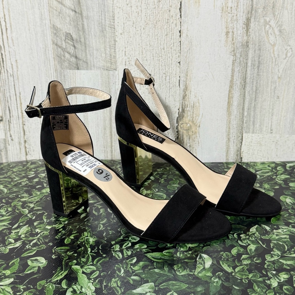 Jones New York Black Suede Heels with Ankle Strap with Gold Trim - Picture 2 of 13